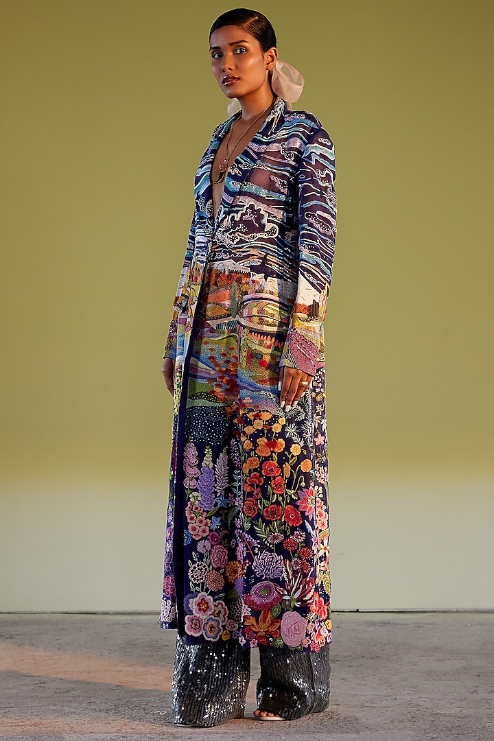 Navy Blue Organza Embroidered Jacket Set by Rahul Mishra at Pernia's Pop Up Shop