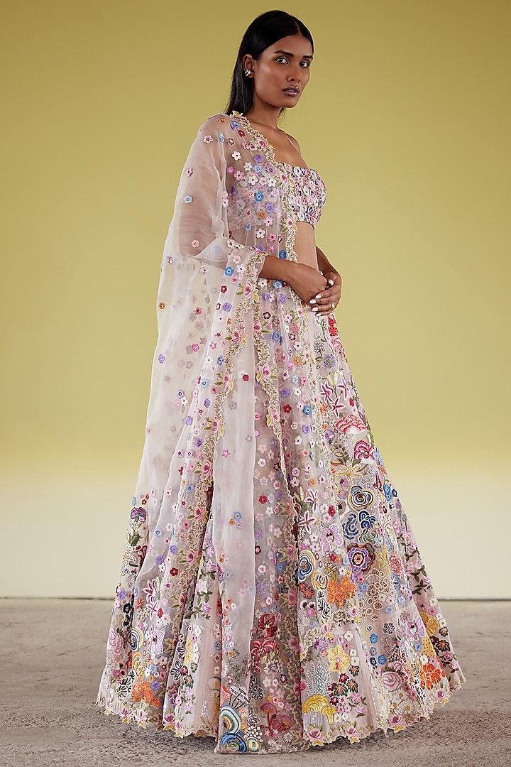 Ivory Sequins Viscose Embroidered Lehenga Set by Rahul Mishra