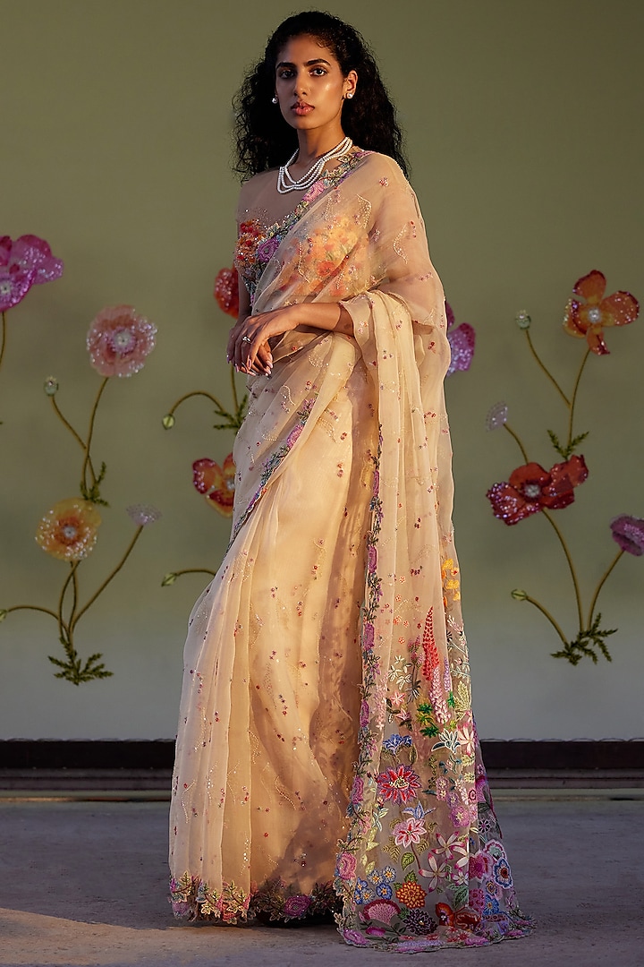 Yellow Silk Organza Embroidered Saree Set by Rahul Mishra