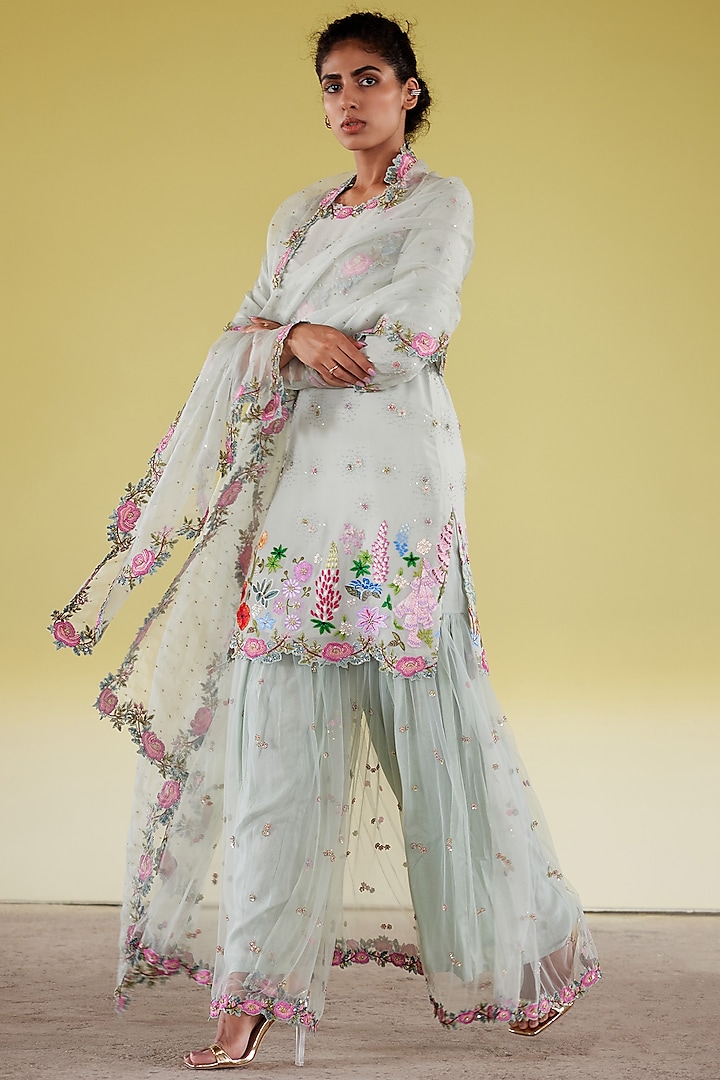 Mint Silk & Tulle Embroidered Sharara Set by Rahul Mishra
