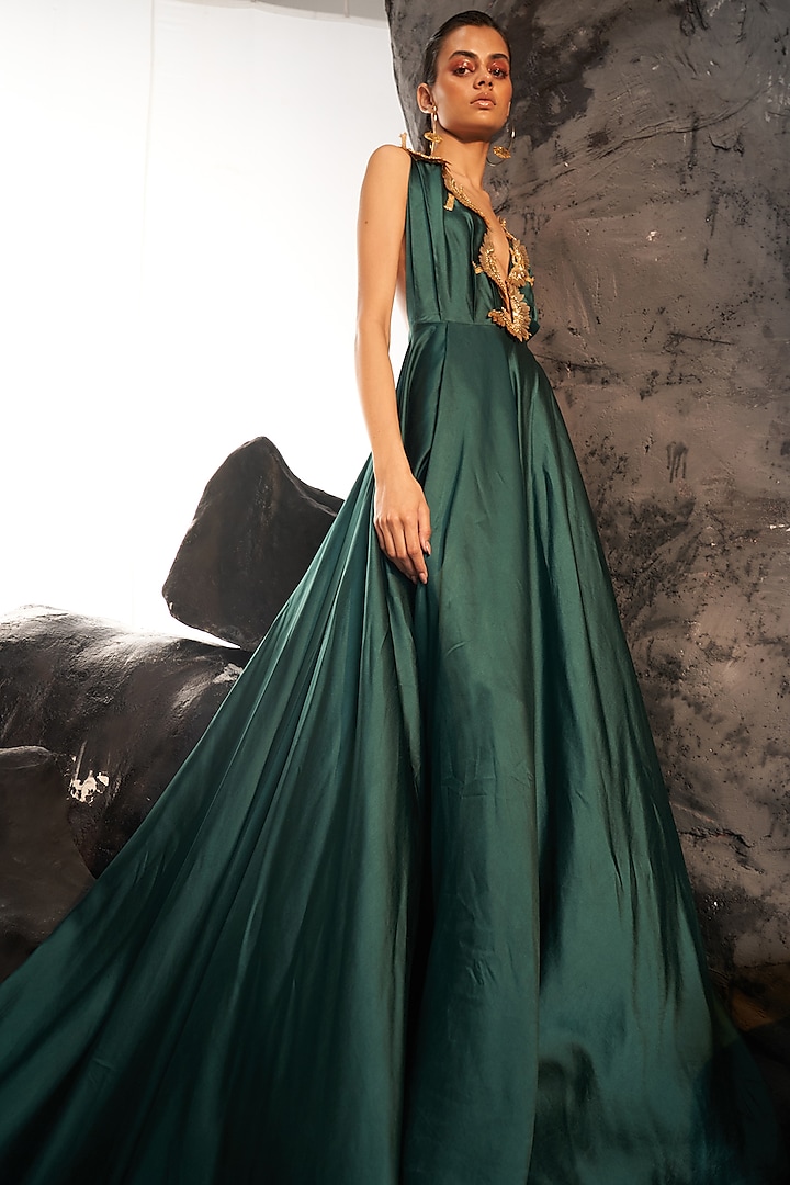 Green Duchess Satin Hand Embroidered Gown by Rahul Mishra