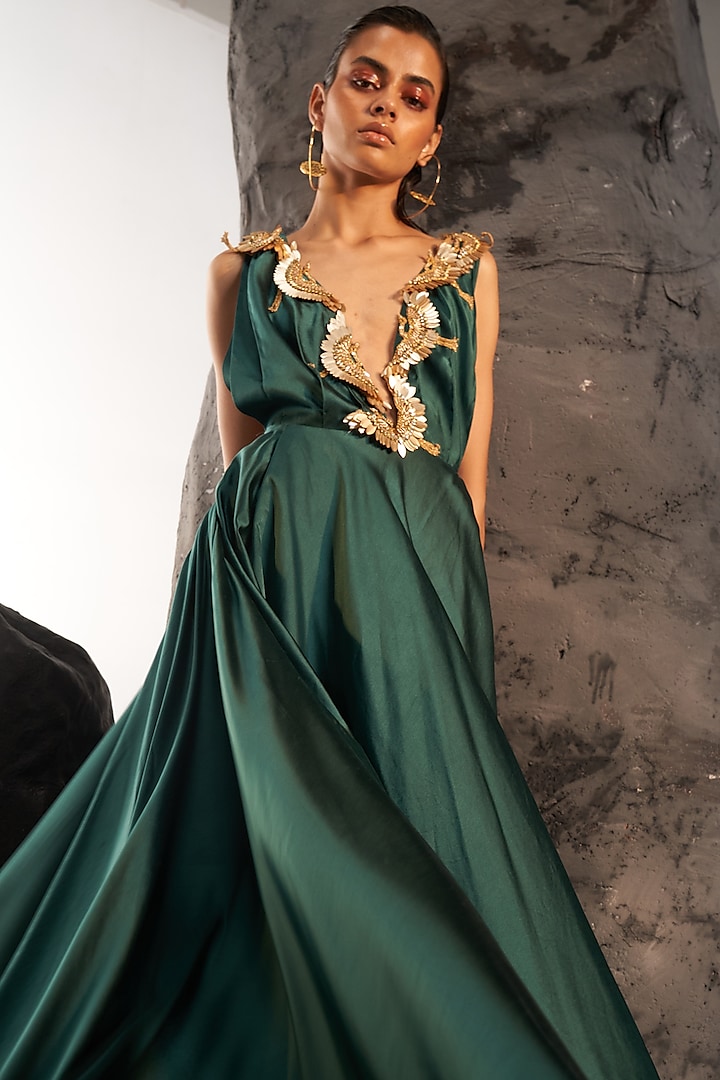 Green Duchess Satin Hand Embroidered Bridal Gown by Rahul Mishra at Pernia's Pop Up Shop