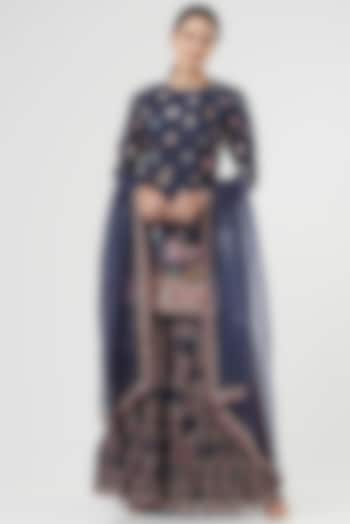 Navy Blue Silk Embroidered Gharara Set by Rahul Mishra at Pernia's Pop Up Shop