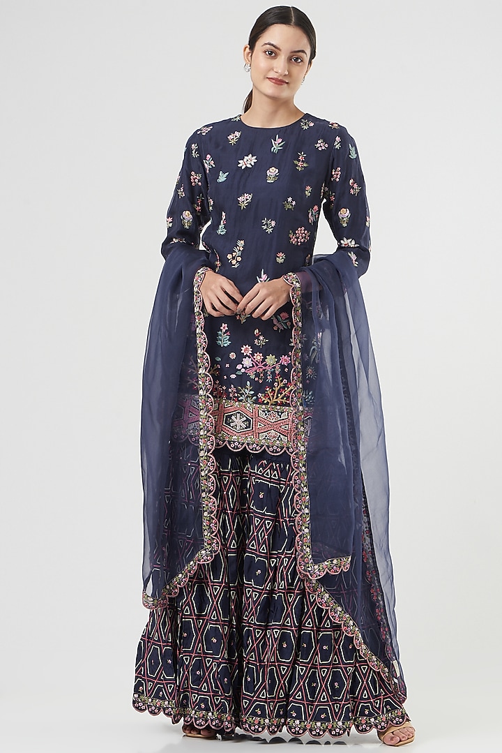 Navy Blue Silk Embroidered Gharara Set by Rahul Mishra at Pernia's Pop Up Shop