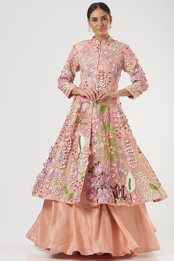 Peach Chanderi Lehenga Set by Rahul Mishra