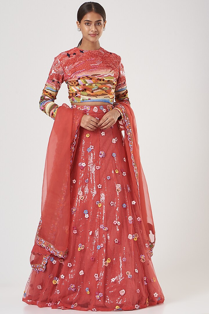 Coral Pink Embroidered Lehenga Set by Rahul Mishra