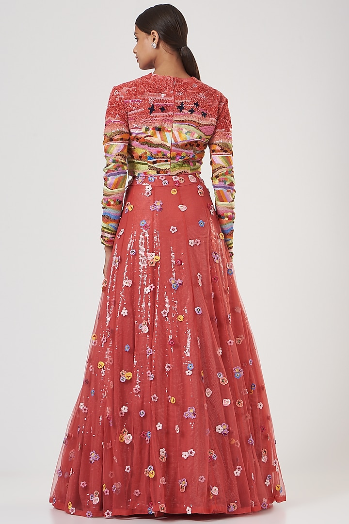 Coral Pink Embroidered Bridal Lehenga Set by Rahul Mishra at Pernia's Pop Up Shop