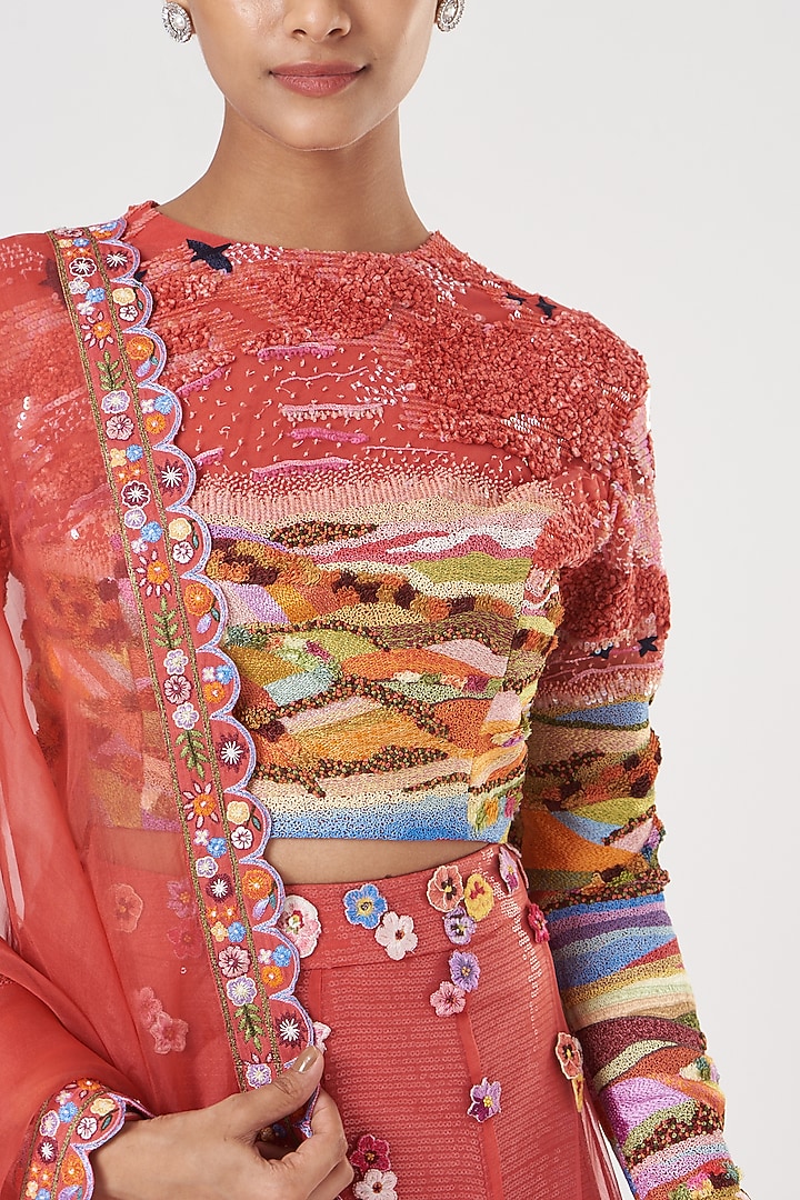 Coral Pink Embroidered Bridal Lehenga Set by Rahul Mishra at Pernia's Pop Up Shop