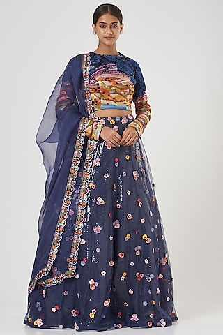 Navy Blue Embroidered Lehenga Set by Rahul Mishra