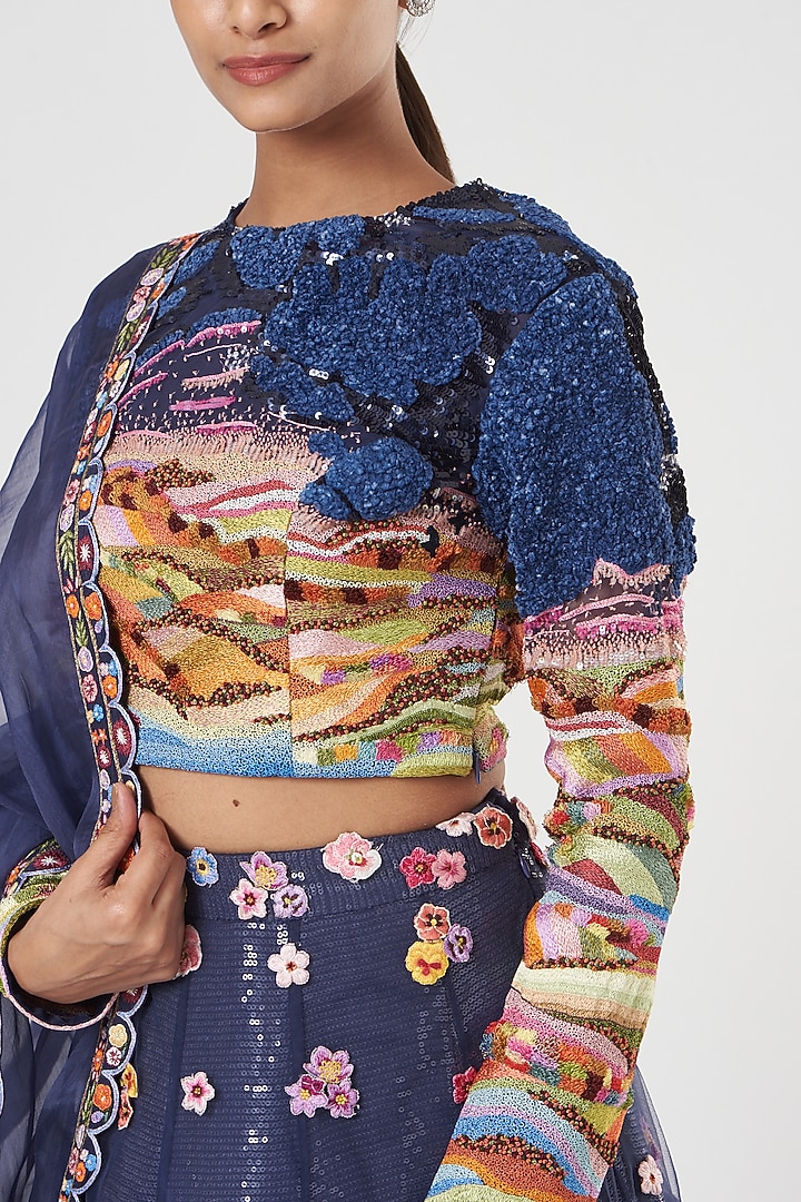 Navy Blue Embroidered Bridal Lehenga Set by Rahul Mishra at Pernia's Pop Up Shop