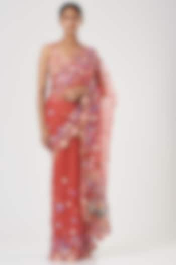 Coral Embroidered Saree Set by Rahul Mishra