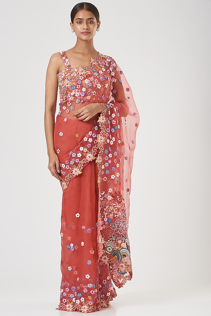 Coral Viscose Hand Embroidered Saree Set by Rahul Mishra