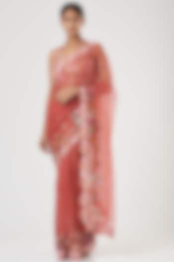 Coral Organza Floral Hand Embroidered Saree Set by Rahul Mishra