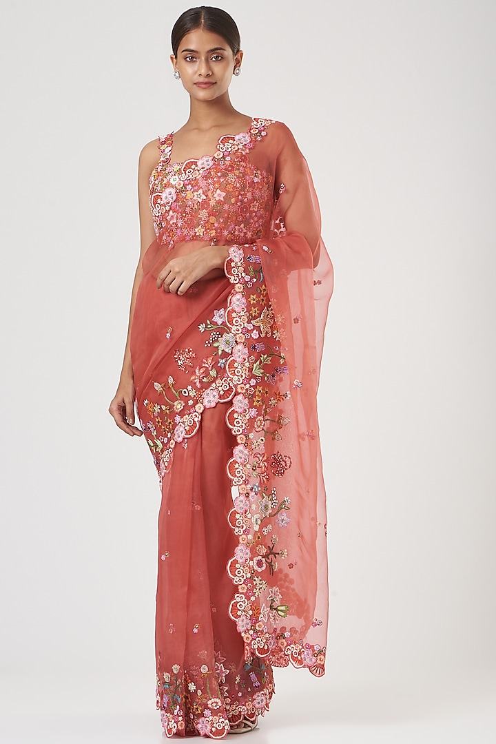 Coral Hand Embroidered Saree Set by Rahul Mishra