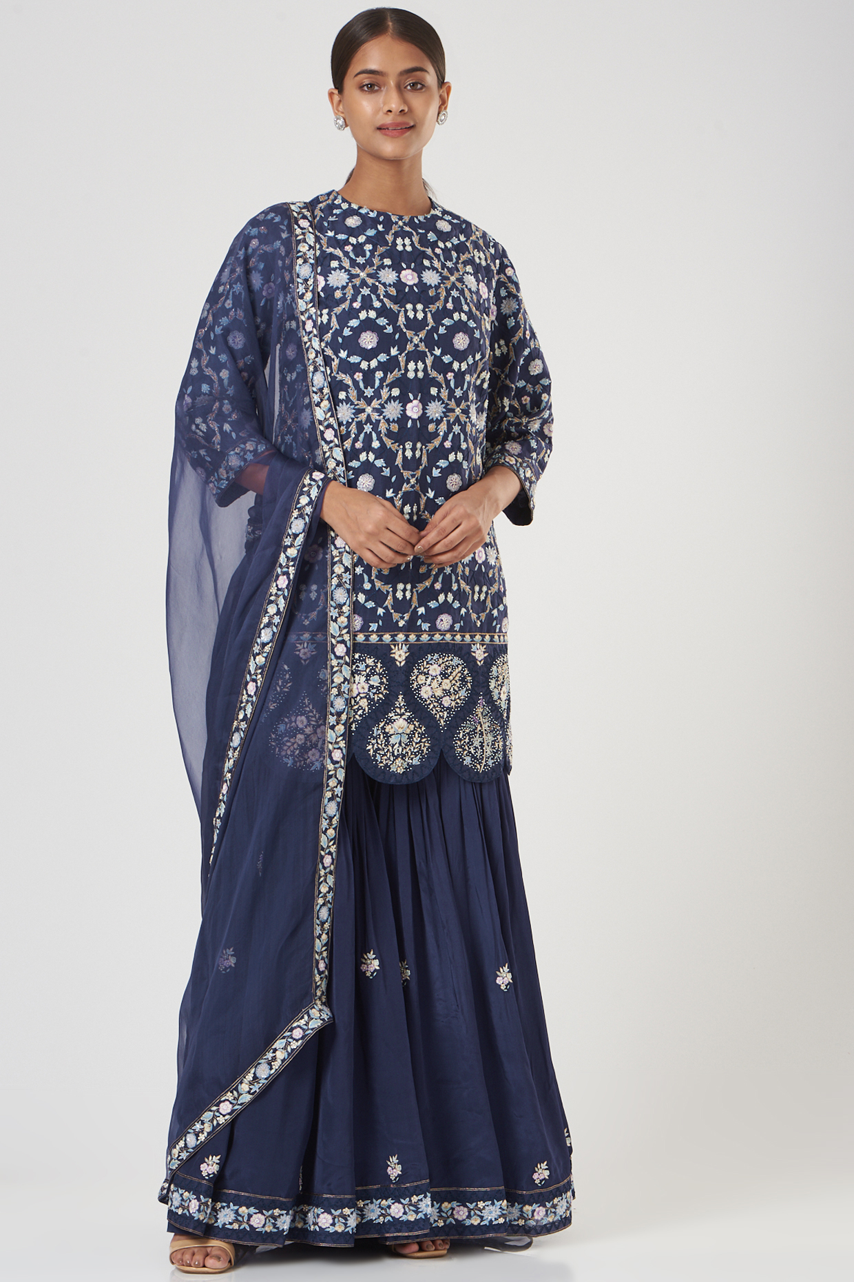 Navy Blue Cotton & Silk Gharara Set by Rahul Mishra at Pernia's Pop Up Shop