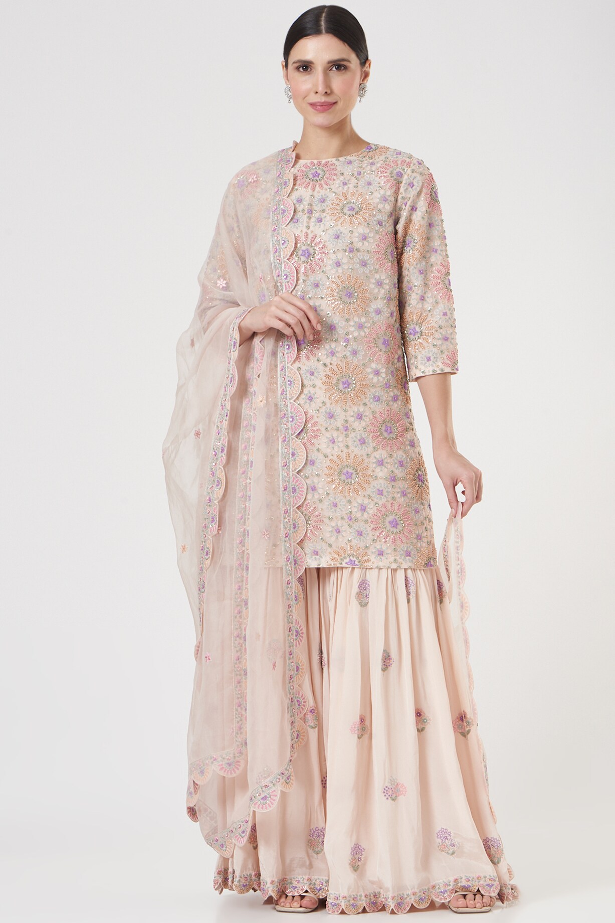 Blush pink short peplum with gharara main image 1
