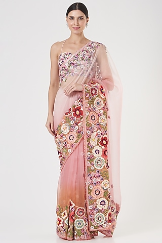 Rainbow Pink Embroidered Saree Set by Rahul Mishra