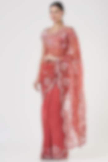Coral Organza Hand Embroidered Saree Set by Rahul Mishra
