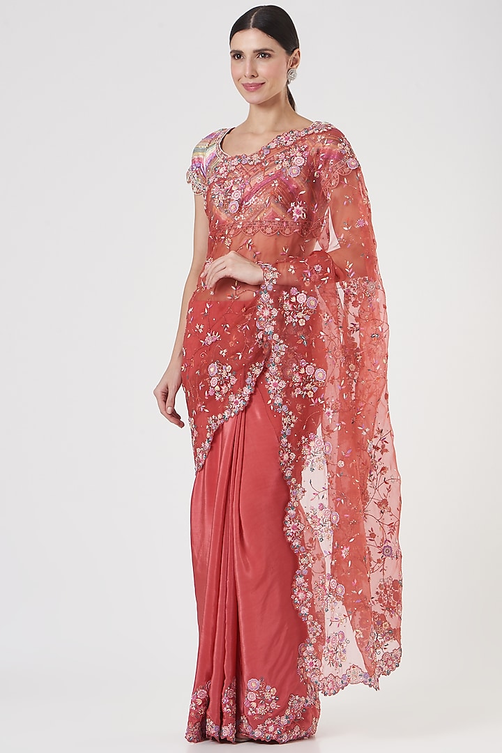 Coral Embroidered Saree Set by Rahul Mishra