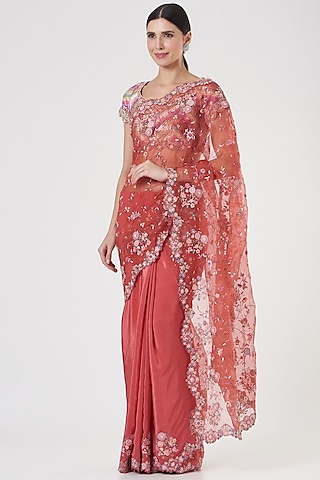 Coral Organza Hand Embroidered Saree Set by Rahul Mishra