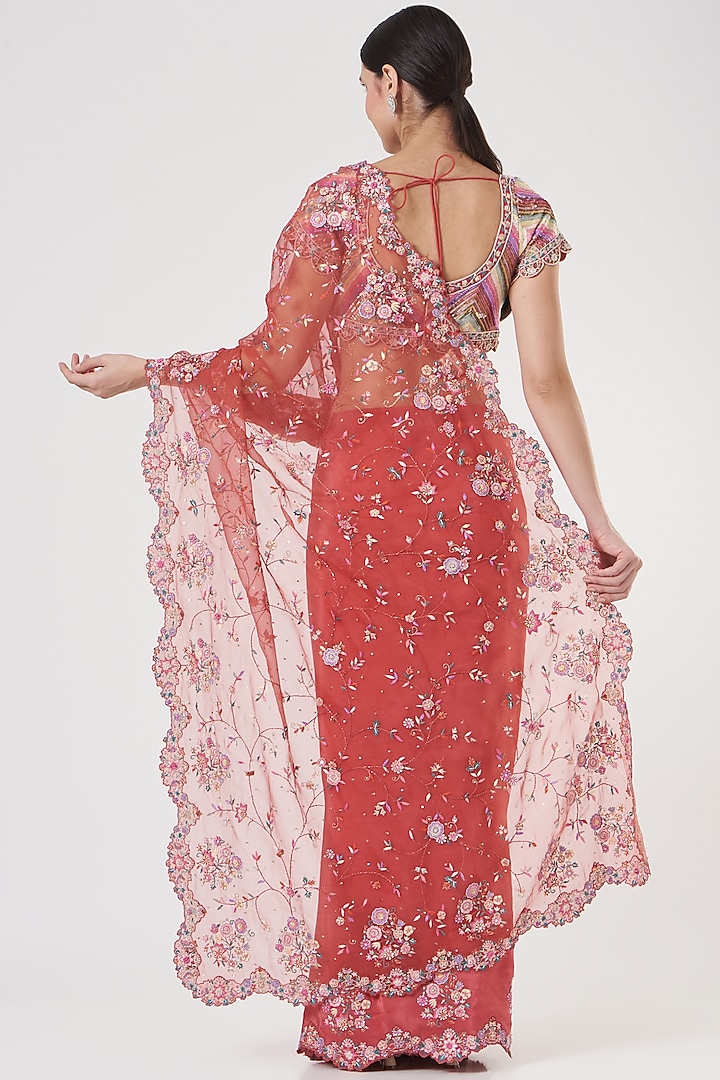 Coral Organza Hand Embroidered Bridal Saree Set by Rahul Mishra at Pernia's Pop Up Shop