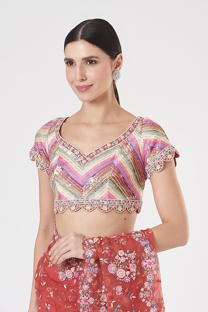 Coral Organza Hand Embroidered Bridal Saree Set by Rahul Mishra at Pernia's Pop Up Shop