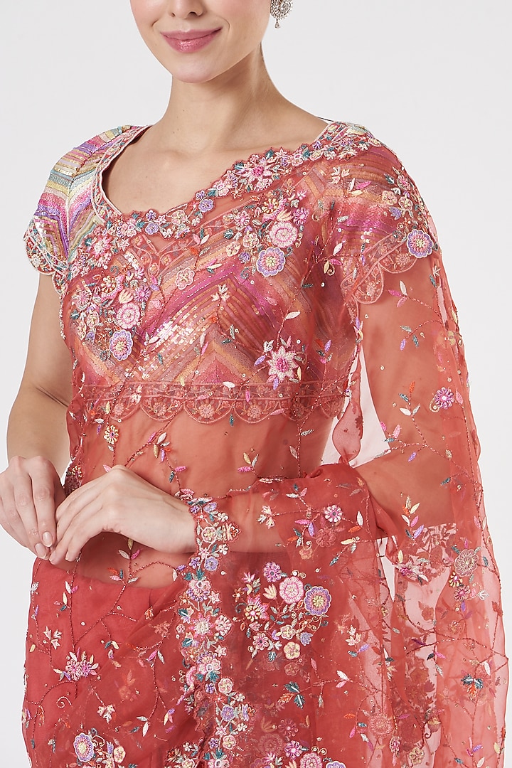 Coral Organza Hand Embroidered Bridal Saree Set by Rahul Mishra at Pernia's Pop Up Shop