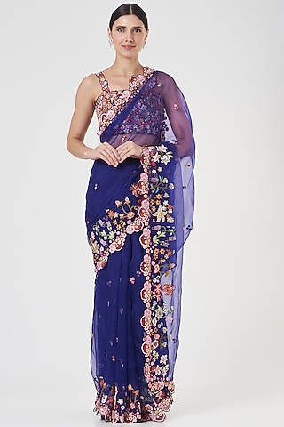Dark Blue Embroidered Saree Set by Rahul Mishra
