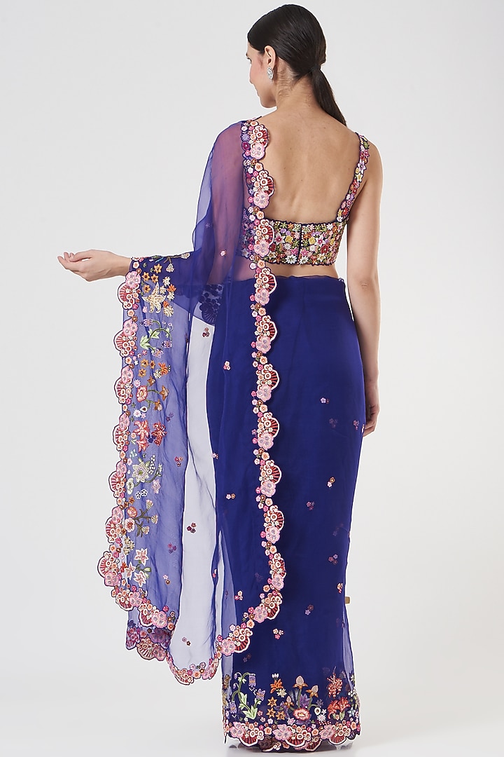 Dark Blue Embroidered Bridal Saree Set by Rahul Mishra at Pernia's Pop Up Shop