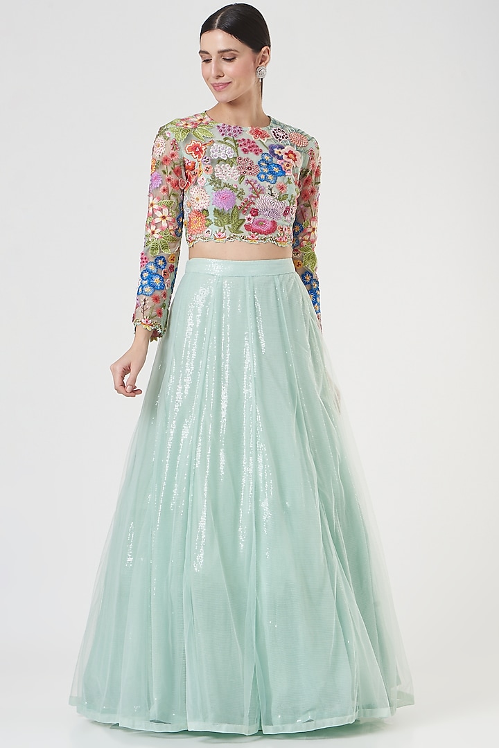 Mint Viscose Georgette Lehenga Set by Rahul Mishra