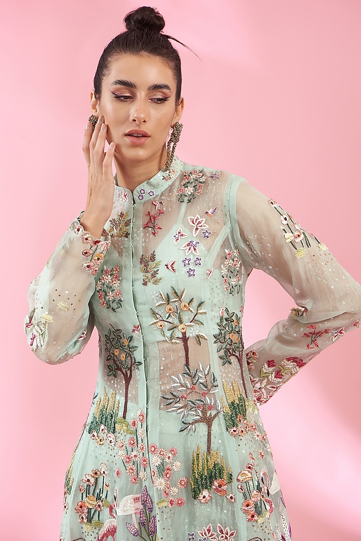 Mint Organza Kurta Set by Rahul Mishra at Pernia's Pop Up Shop