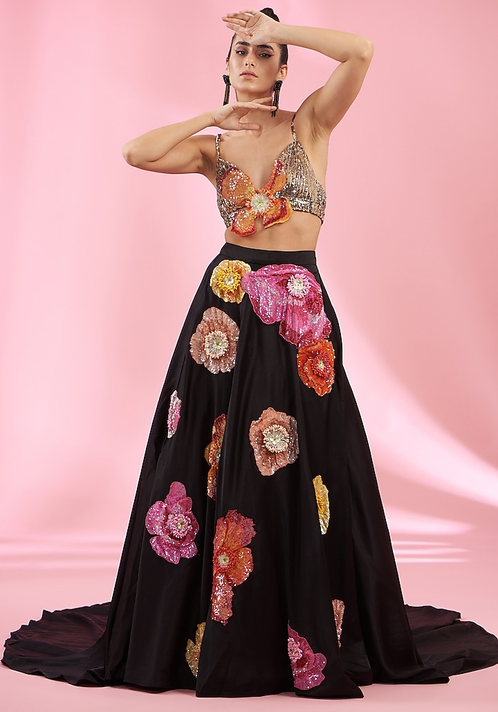 Black Poly Satin & Net Skirt Set by Rahul Mishra at Pernia's Pop Up Shop