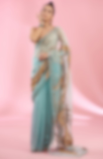 Mint Organza & Silk Georgette Bridal Saree Set by Rahul Mishra at Pernia's Pop Up Shop