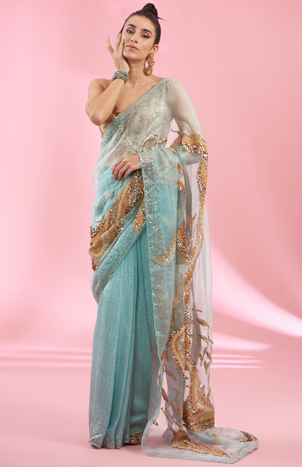 Mint Organza & Silk Georgette Bridal Saree Set by Rahul Mishra at Pernia's Pop Up Shop