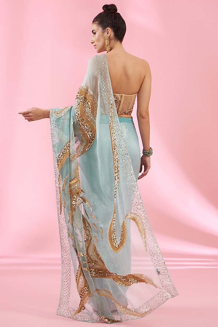 Mint Organza & Silk Georgette Bridal Saree Set by Rahul Mishra at Pernia's Pop Up Shop