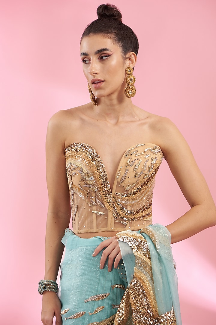Mint Organza & Silk Georgette Bridal Saree Set by Rahul Mishra at Pernia's Pop Up Shop