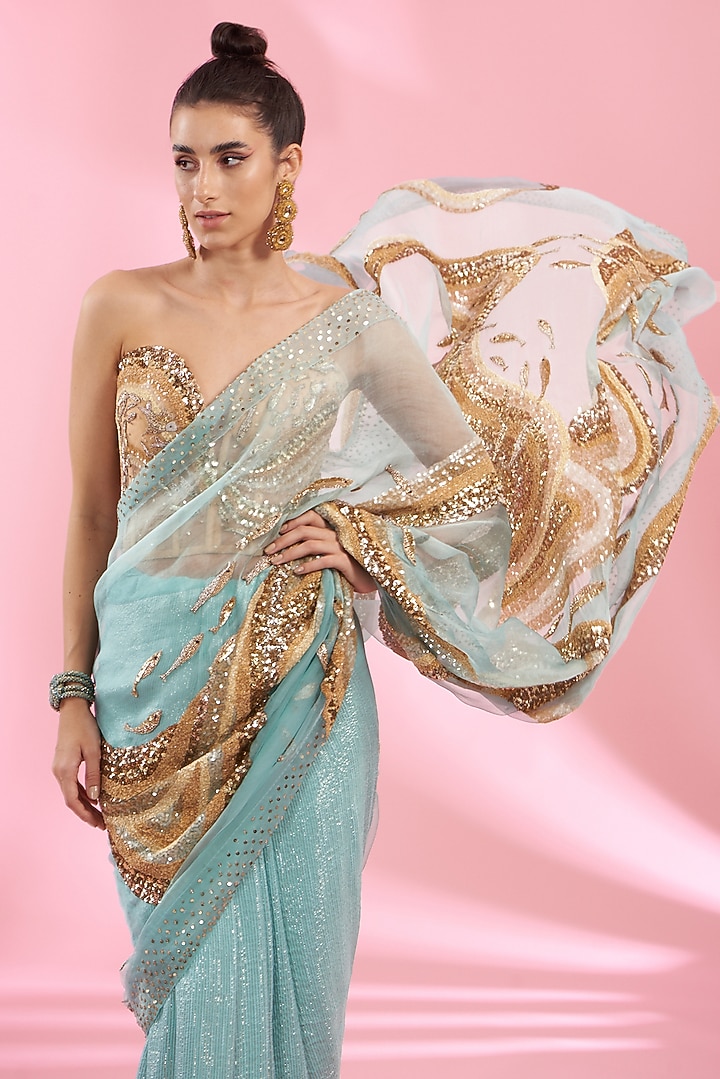 Mint Organza & Silk Georgette Bridal Saree Set by Rahul Mishra at Pernia's Pop Up Shop