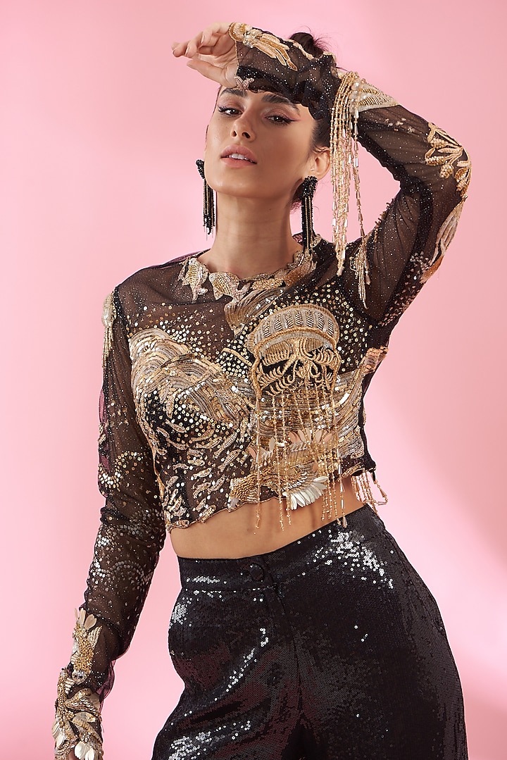 Black Shimmer Net Pant Set by Rahul Mishra at Pernia's Pop Up Shop