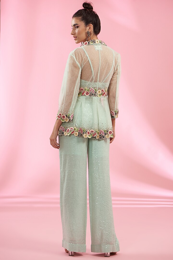 Mint Shimmer Net Jacket Set by Rahul Mishra at Pernia's Pop Up Shop