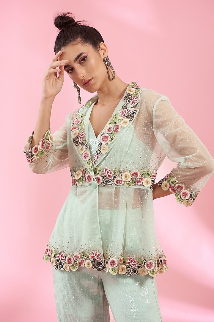 Mint Shimmer Net Jacket Set by Rahul Mishra at Pernia's Pop Up Shop