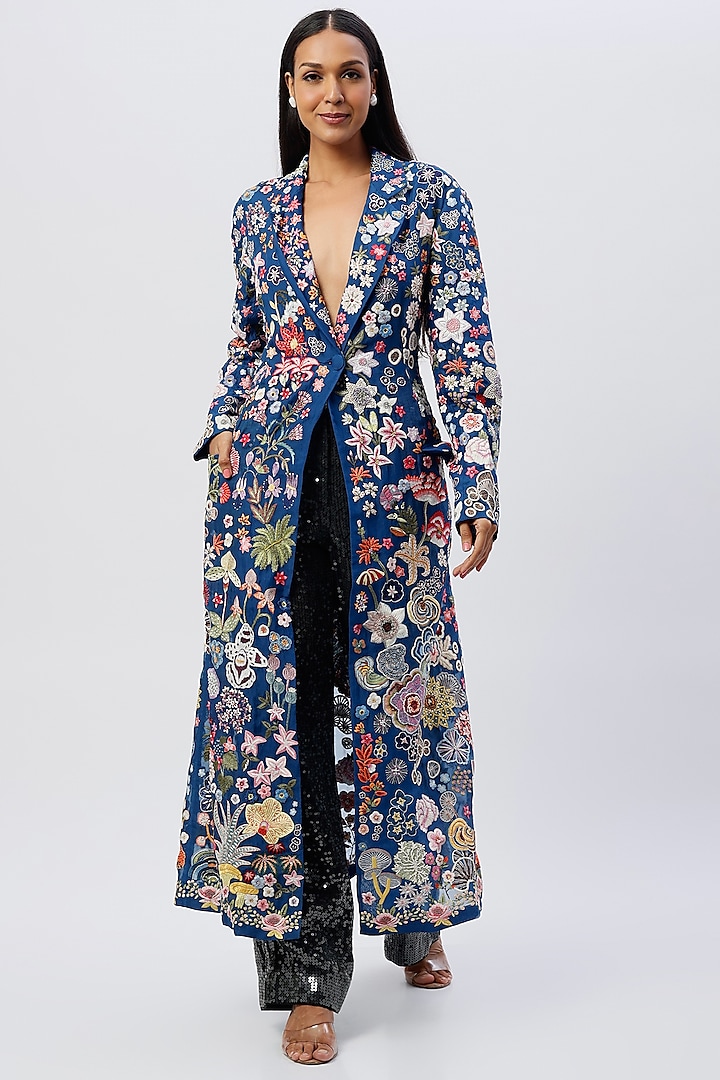 Navy Blue Hand Embroidered Jacket Set by Rahul Mishra
