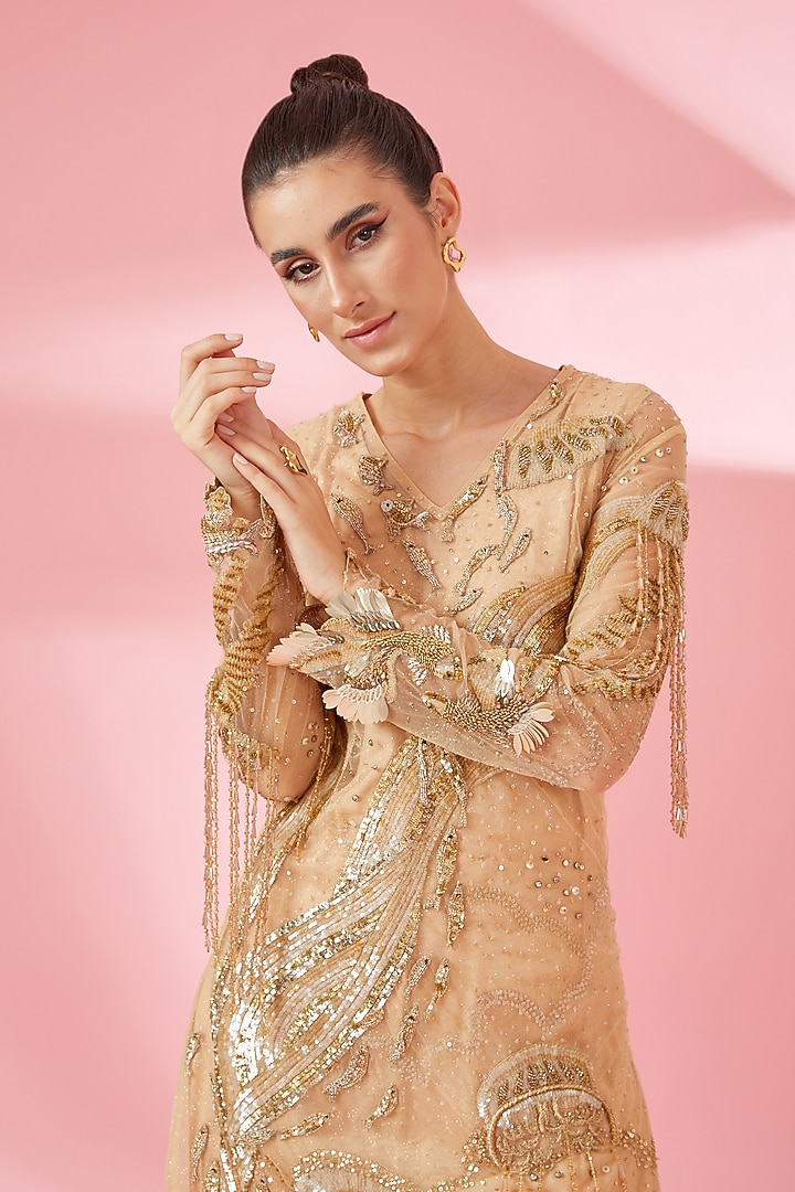 Nude Shimmer Net Kurta Set by Rahul Mishra at Pernia's Pop Up Shop