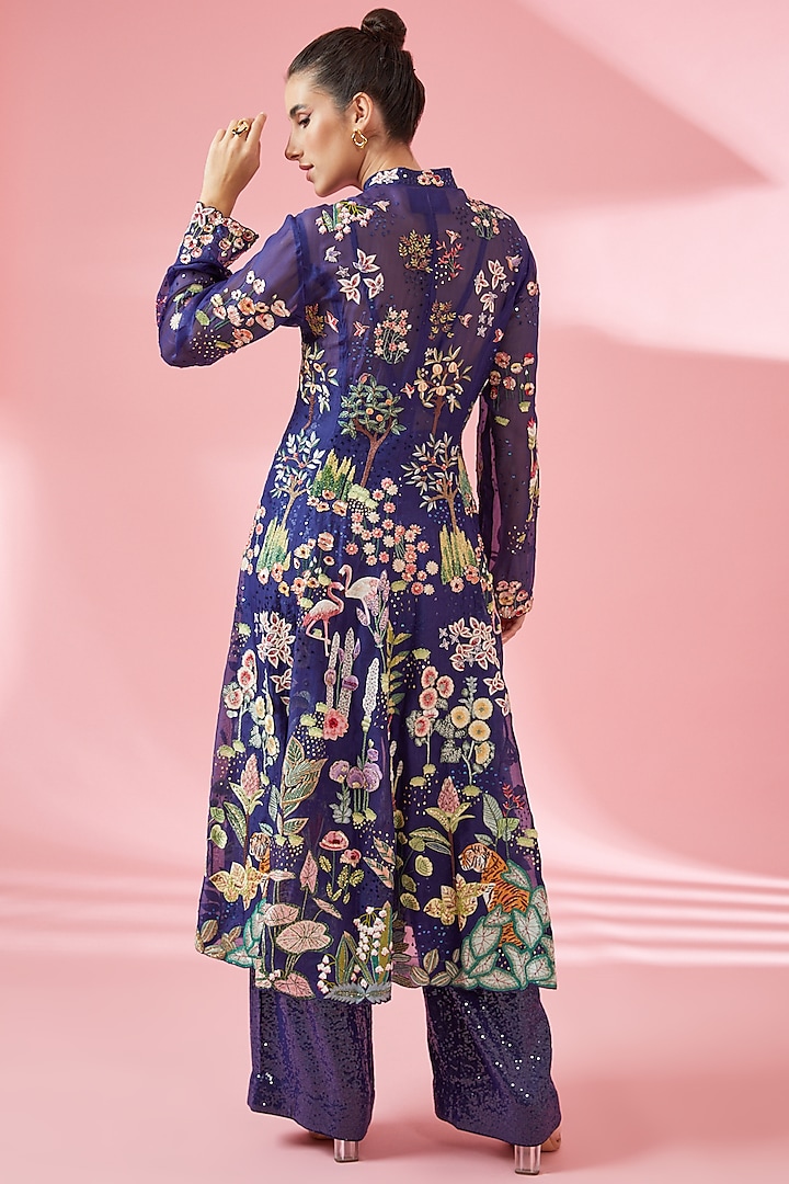 Navy Blue Organza Kurta Set by Rahul Mishra at Pernia's Pop Up Shop