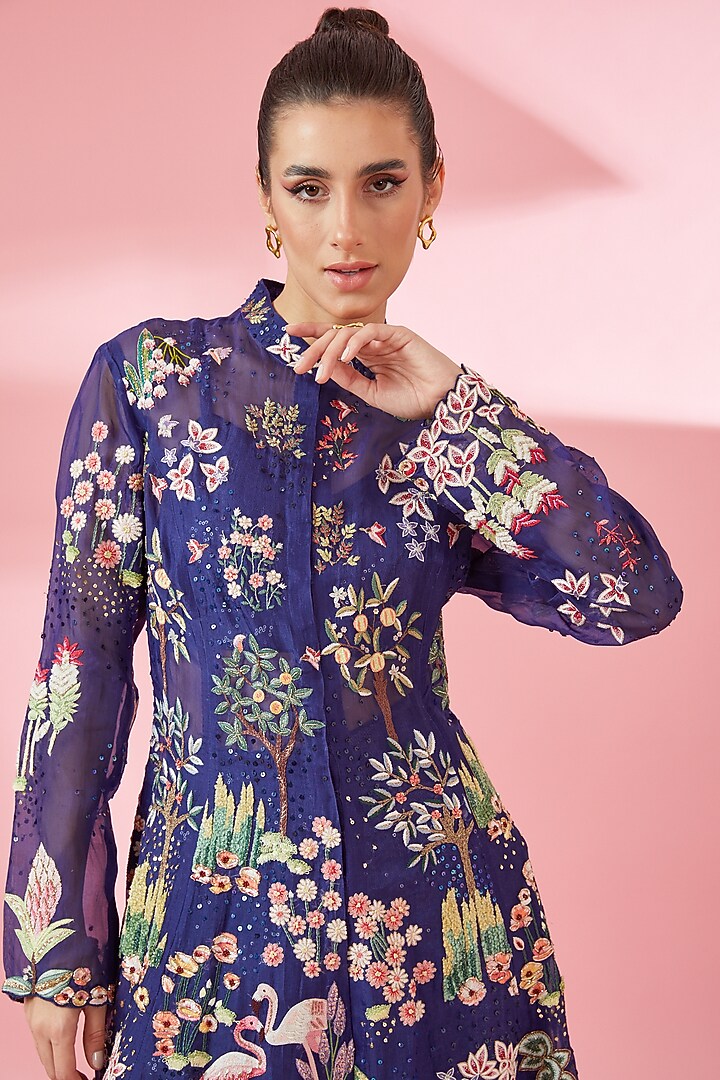 Navy Blue Organza Kurta Set by Rahul Mishra at Pernia's Pop Up Shop