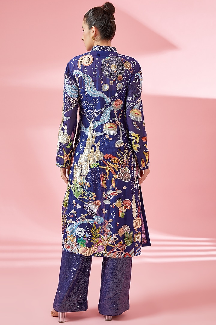 Navy Blue Organza Kurta Set by Rahul Mishra at Pernia's Pop Up Shop