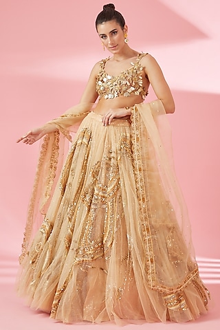 Nude Shimmer Net Lehenga Set by Rahul Mishra