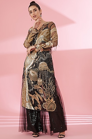 Beige & Black Shimmer Net Kurta Set by Rahul Mishra