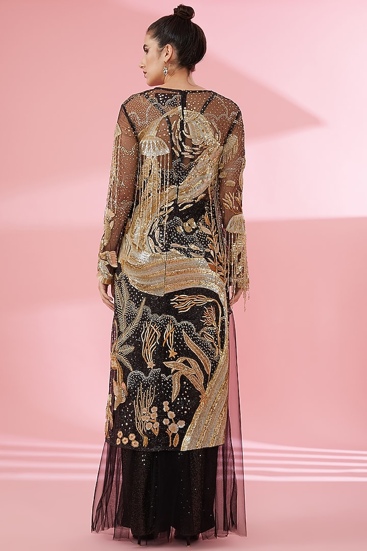 Beige & Black Shimmer Net Kurta Set by Rahul Mishra at Pernia's Pop Up Shop