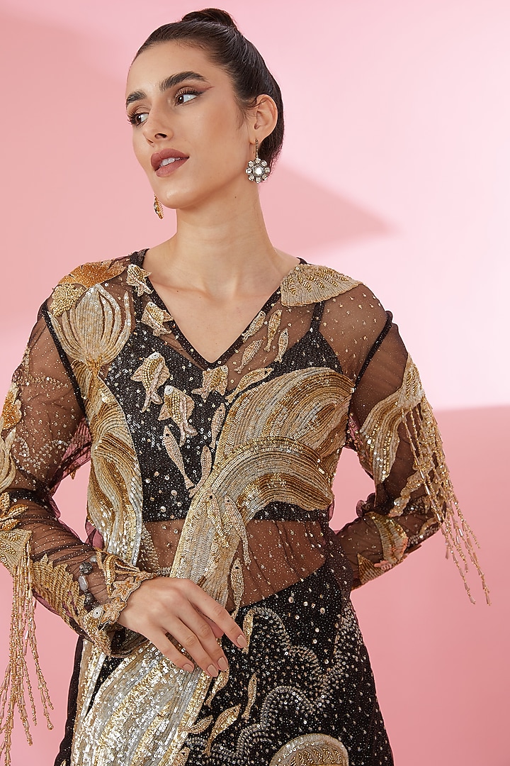 Beige & Black Shimmer Net Kurta Set by Rahul Mishra at Pernia's Pop Up Shop