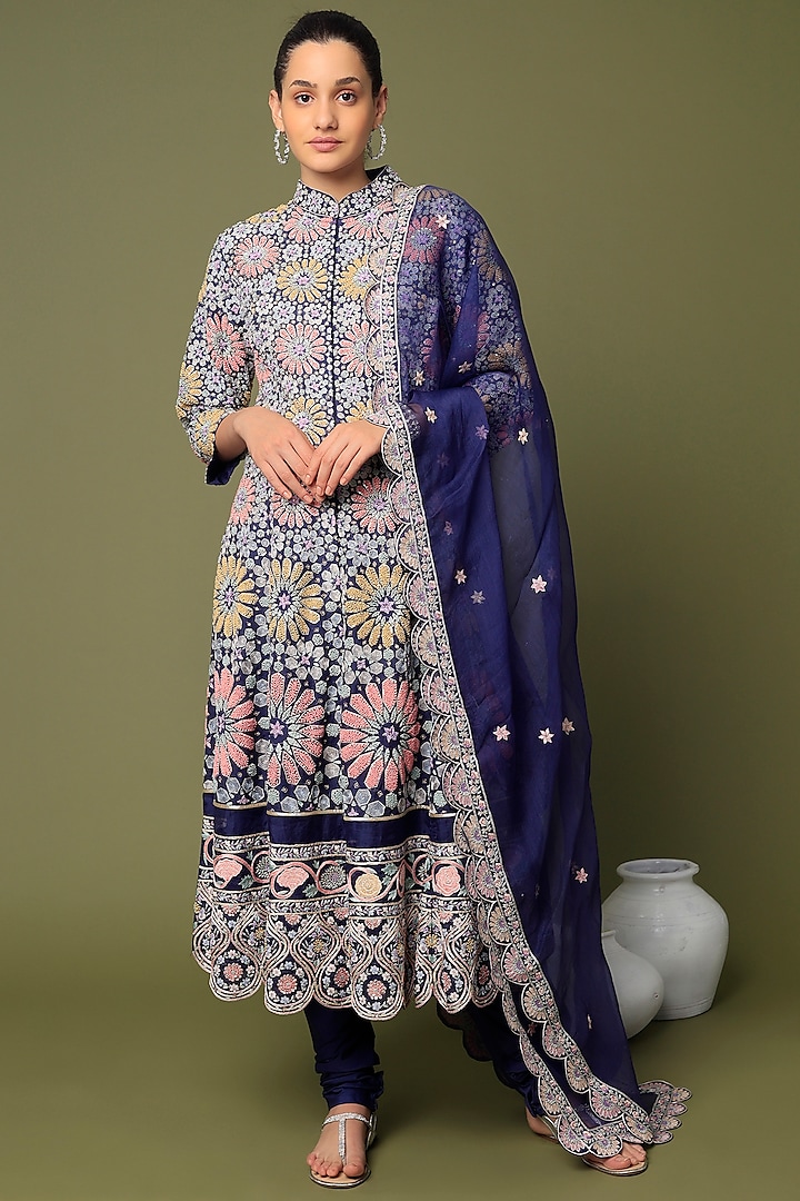 Navy Blue Hand Embroidered Anarkali Set Design by Rahul Mishra at ...